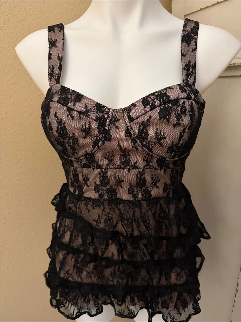 Forever 21 Black Lace Ruffle Chemise Babydoll with Nude Lining